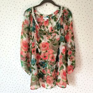Charter Club Top Womens 16W Multicolor Floral Tropical Sheer Beaded *Tiny hole*